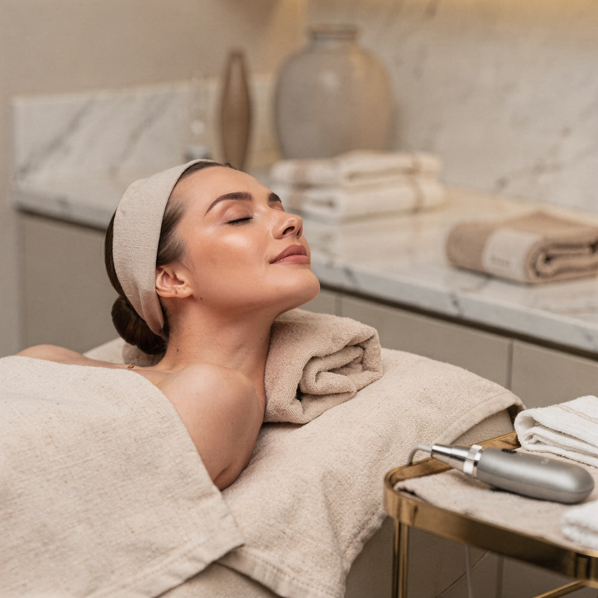 Patient relaxing on treatment bed with microneedling device visible at Chelsea clinic